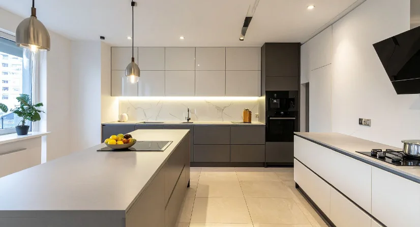 Diseño técnico de isla de cocina con materiales porcelánicos Diseño técnico de isla de cocina con materiales porcelánicos