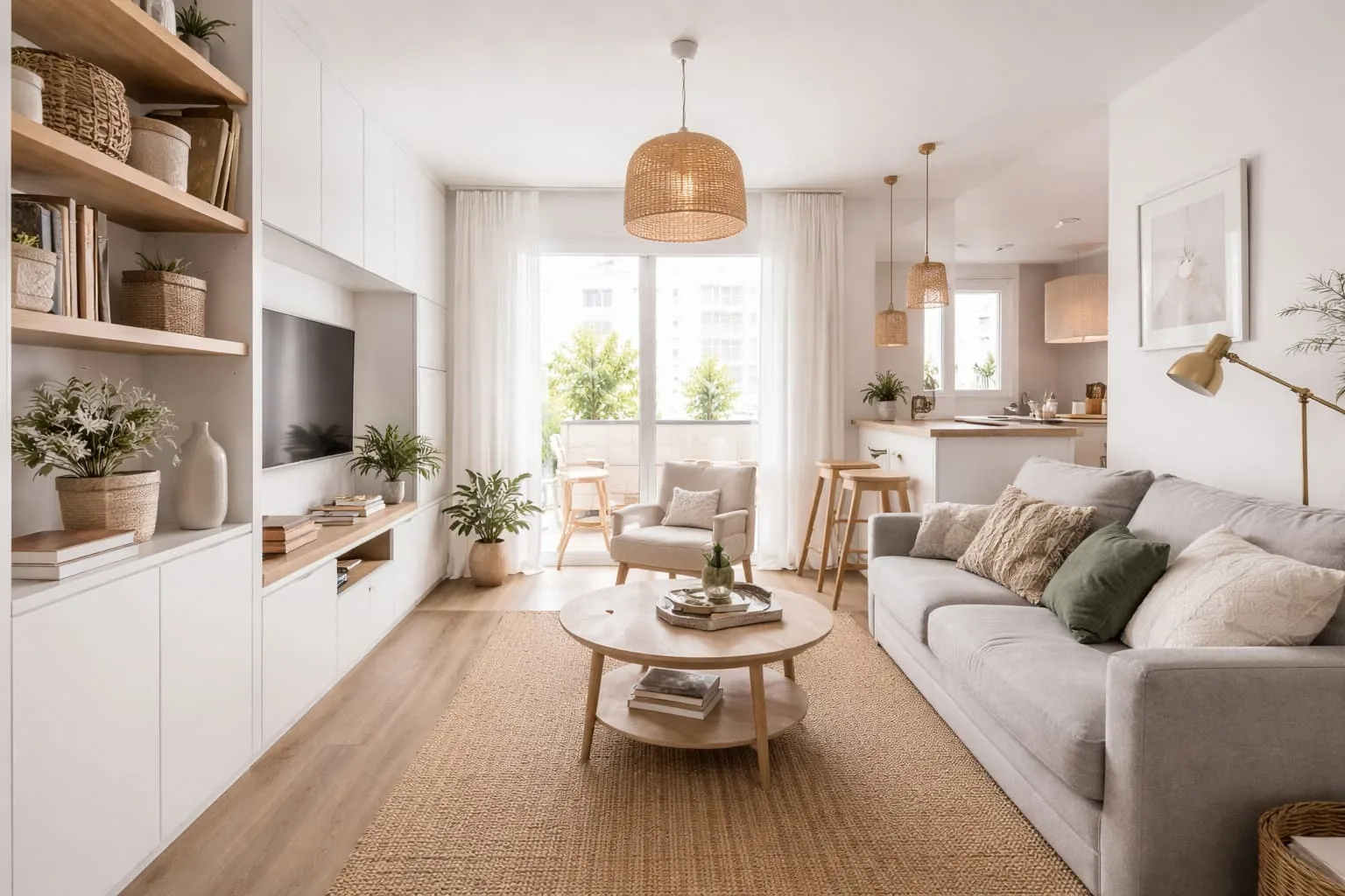 Salón-moderno-con-diseño-funcional-y-almacenamiento-integrado-que-aprovecha-espacios-pequeños-con-orden-y-luz-natural